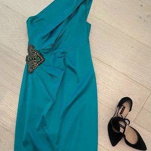 David Meister ~ Green Jeweled One Shoulder Satin Cocktail Dress size 4